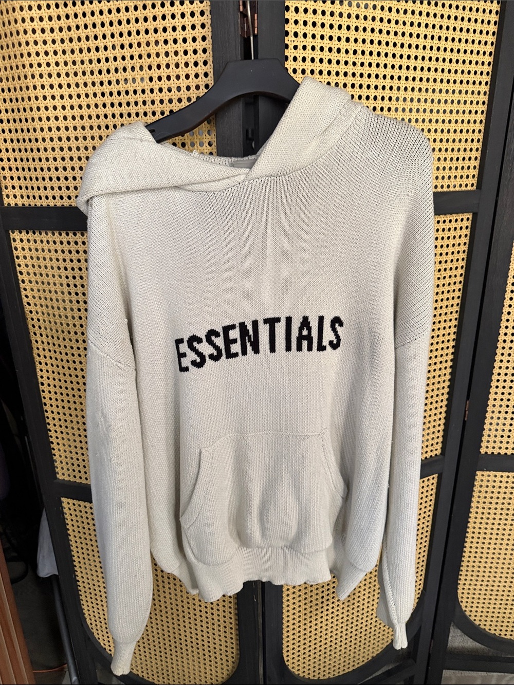 ESSENTIALS Cream Knit Hoodie with Black Logo